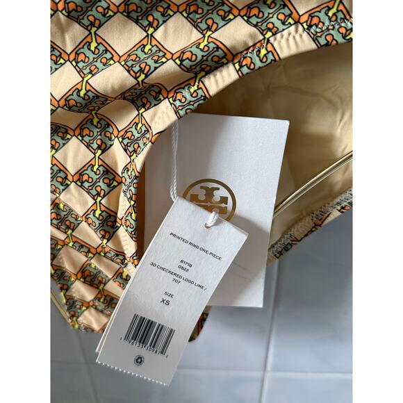 Tory Burch Ring Hardware Wicker-Print One Piece Swimsuit XS Lime Green Halter - Picture 7 of 8